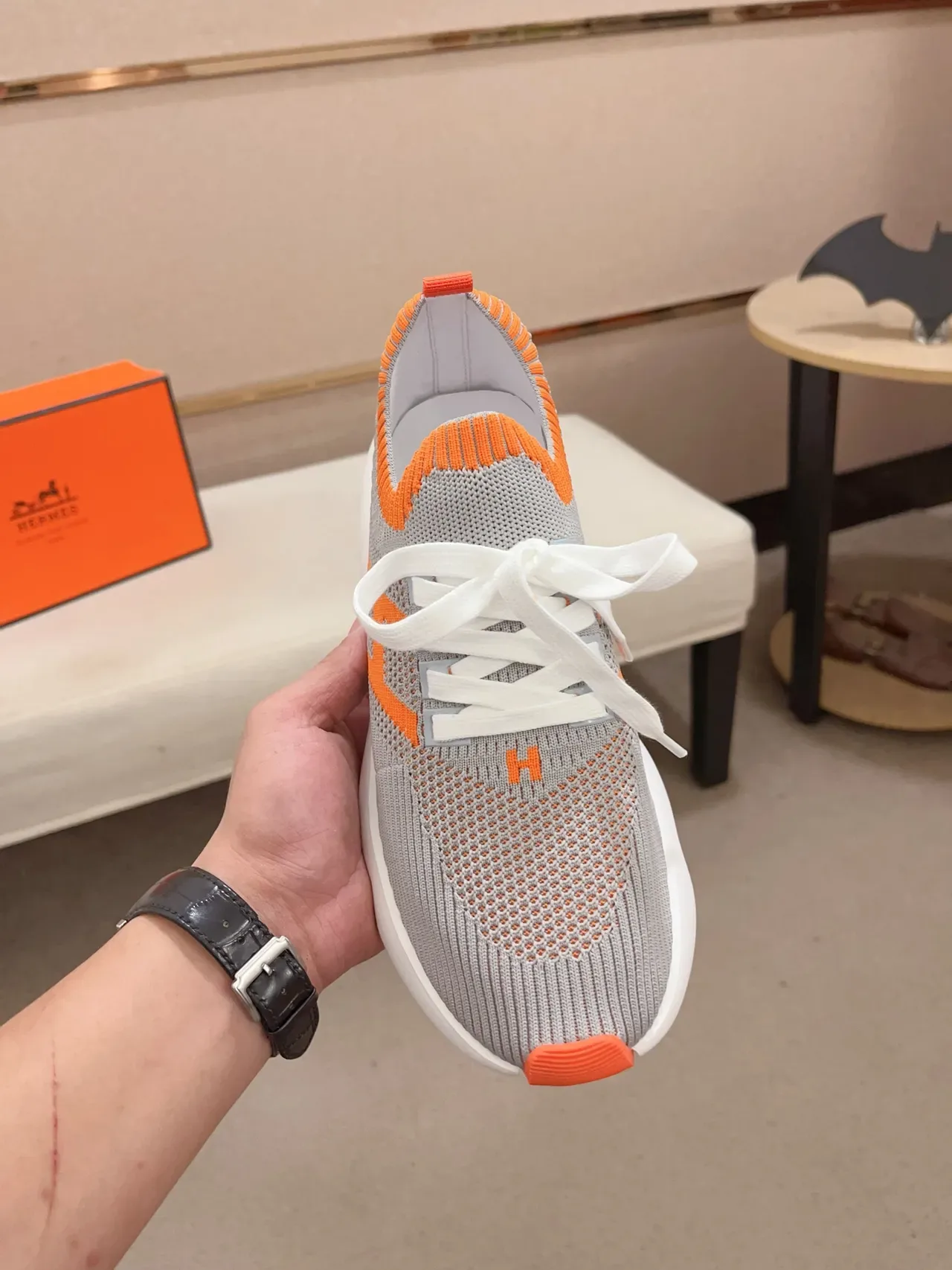 Gray Orange Knit Upper Sculpted Wavy Midsole Sneakers 5