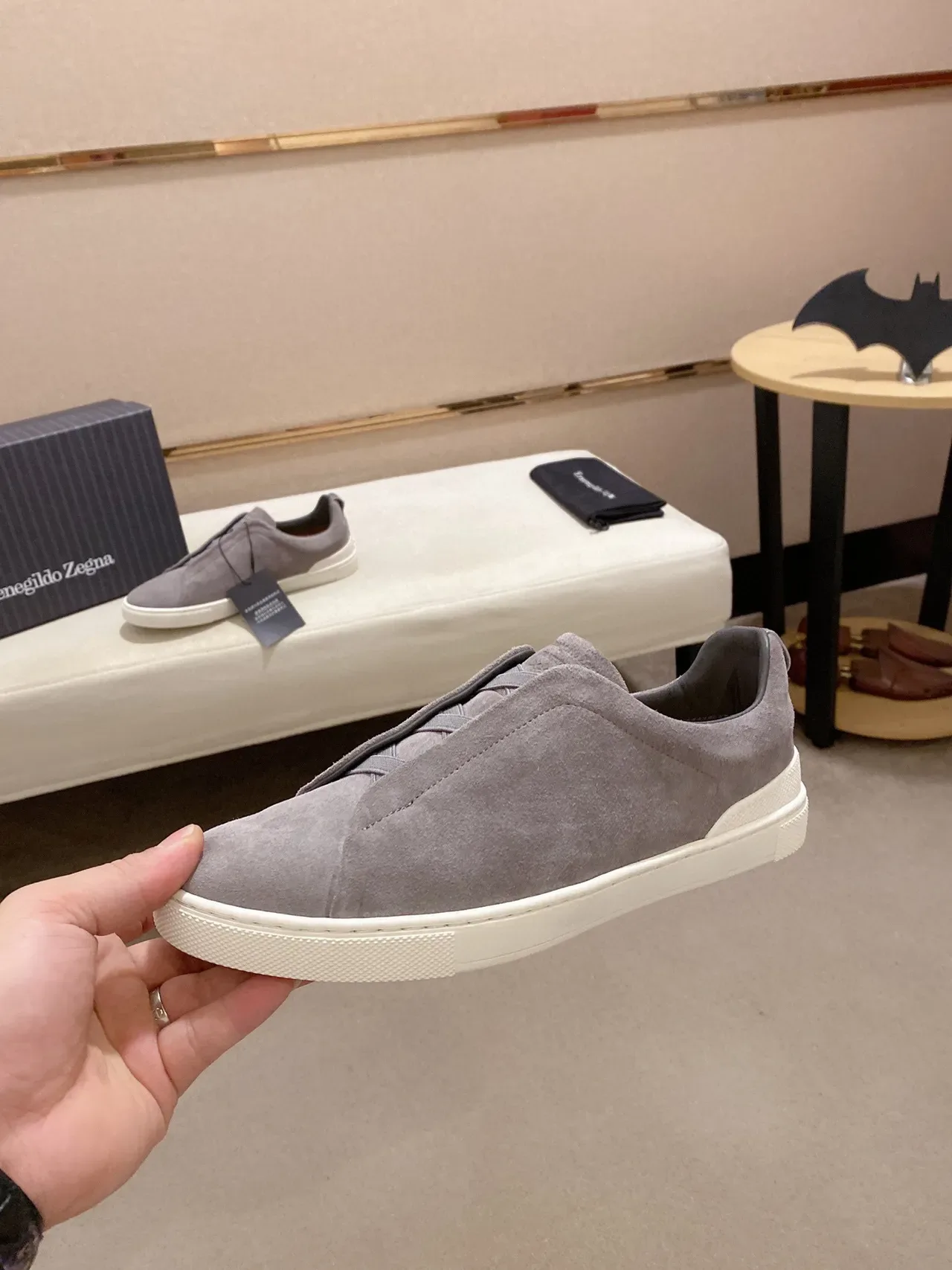 Gray White Slip-On Suede Upper Sneakers 2