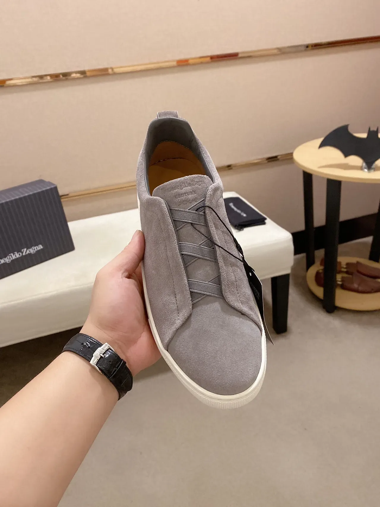 Gray White Slip-On Suede Upper Sneakers 9