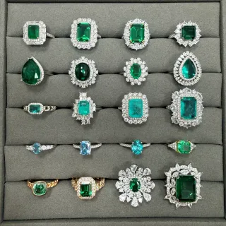 Green Blue Halo-Set Pavé-Diamond Ring