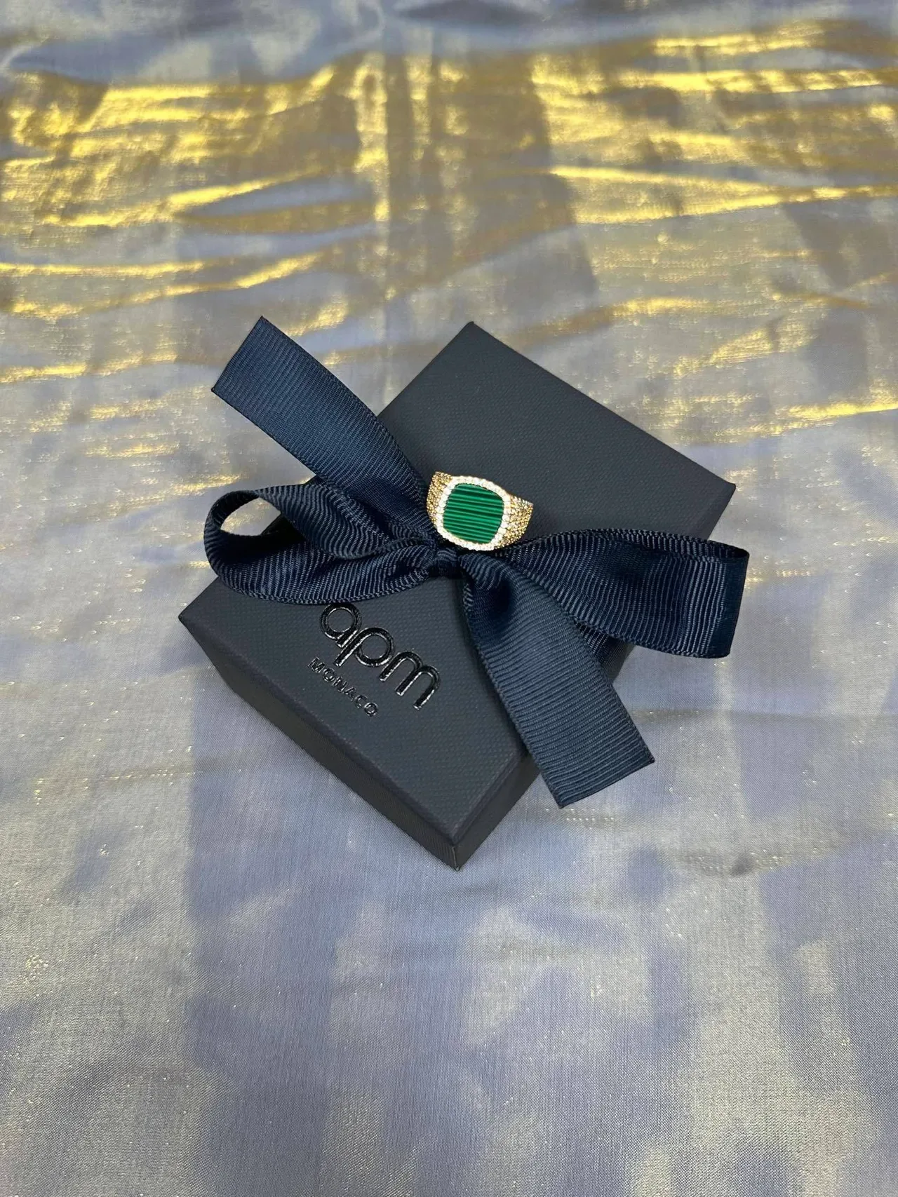 Green Gold Rectangular Malachite Center Pavé Diamond Halo Ring 5