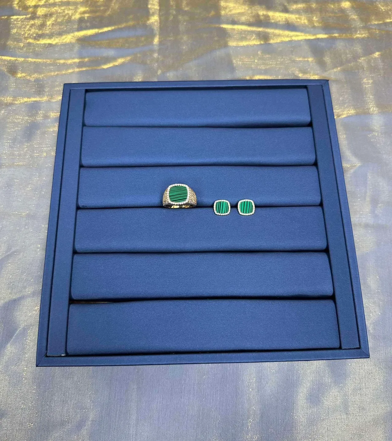 Green Gold Rectangular Malachite Center Pavé Diamond Halo Ring 6