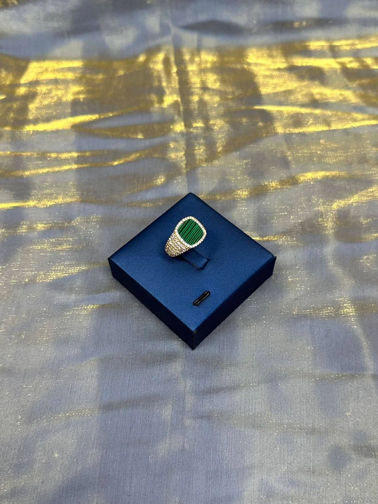 Green Gold Rectangular Malachite Center Pavé Diamond Halo Ring 8