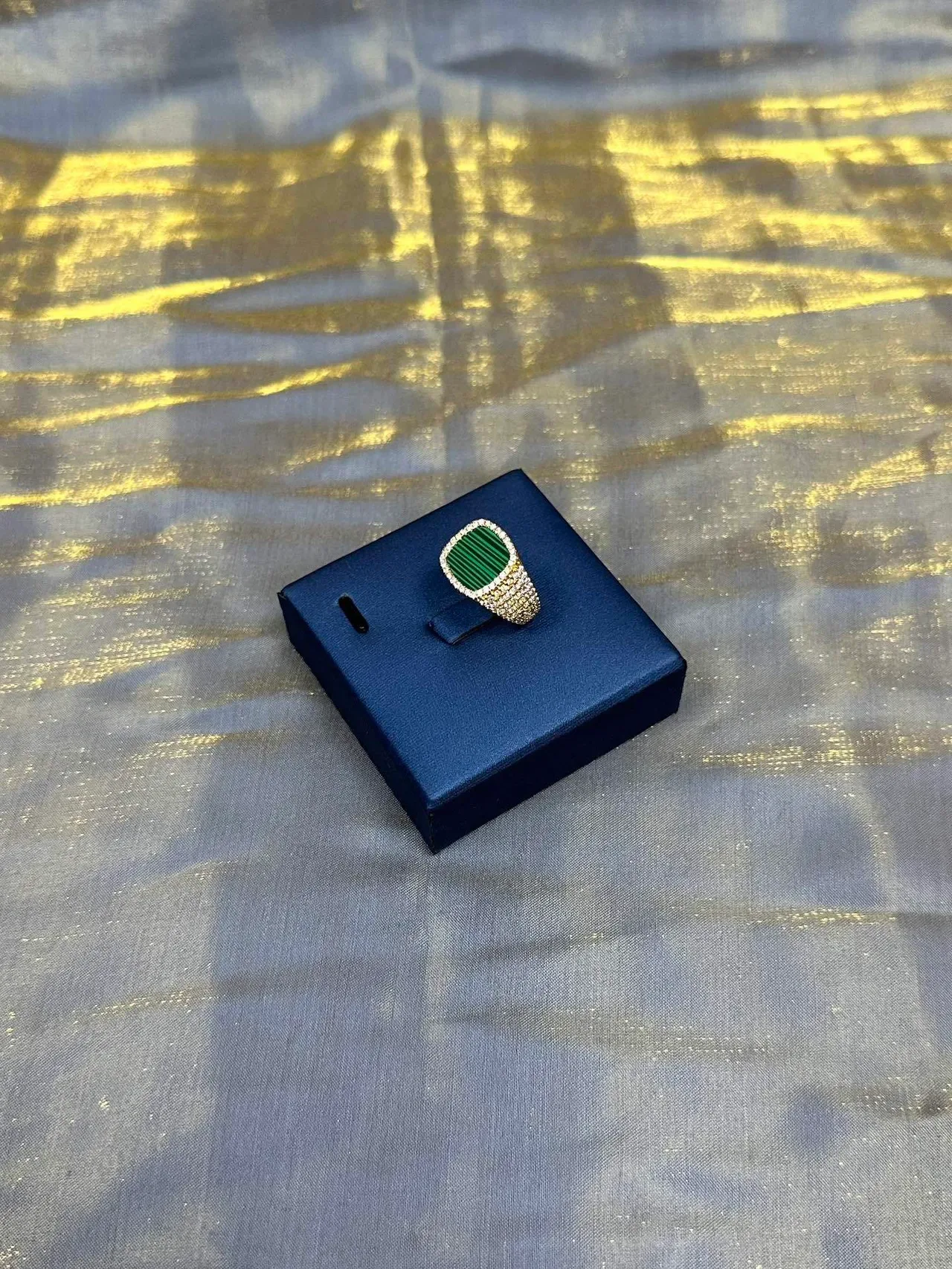 Green Gold Rectangular Malachite Center Pavé Diamond Halo Ring 9