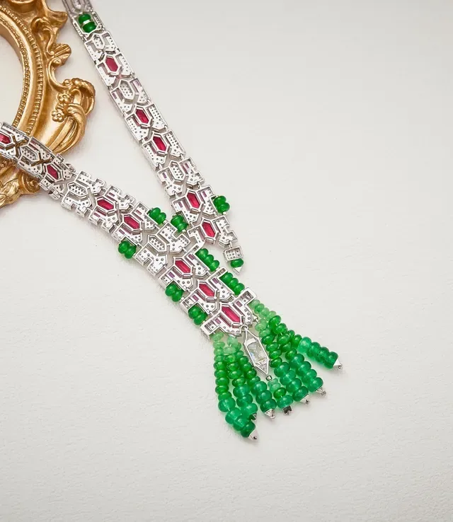 Green Pink Geometric Pavé-Set Multi-Gemstone Necklace 2