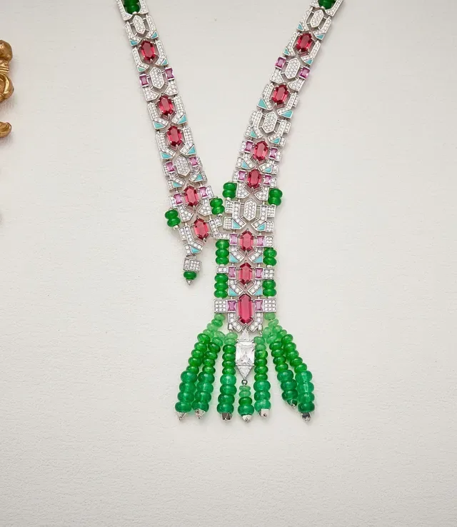 Green Pink Geometric Pavé-Set Multi-Gemstone Necklace 4