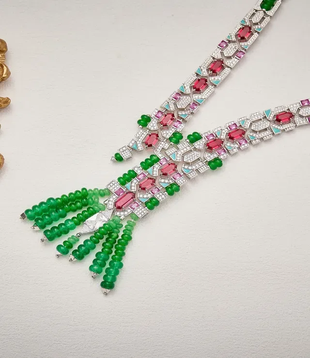 Green Pink Geometric Pavé-Set Multi-Gemstone Necklace 5