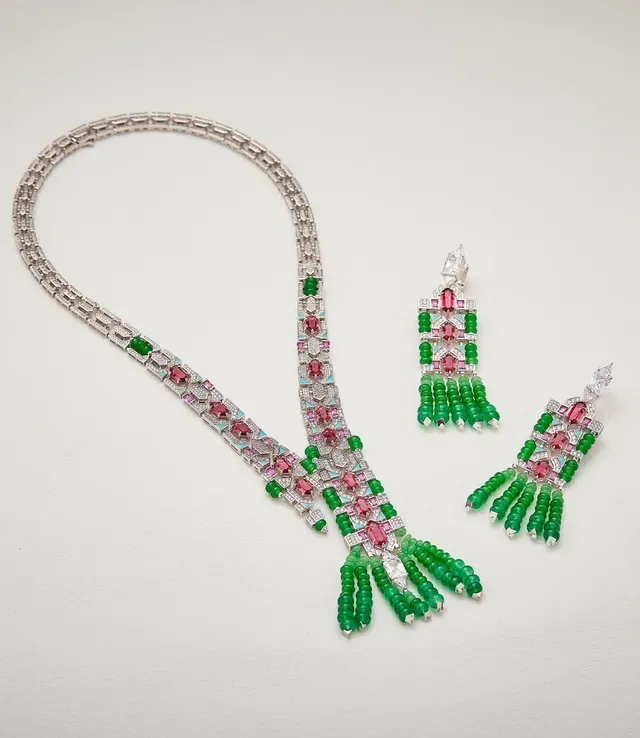 Green Pink Geometric Pavé-Set Multi-Gemstone Necklace 6