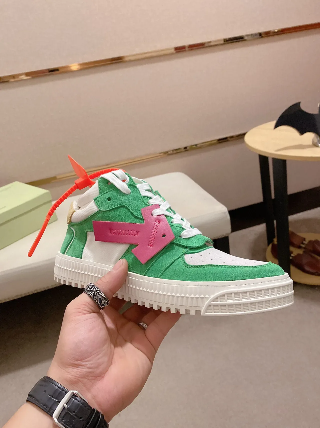 Green Pink Suede And White Perforated Upper Bold Strap Overlay Sneakers 6
