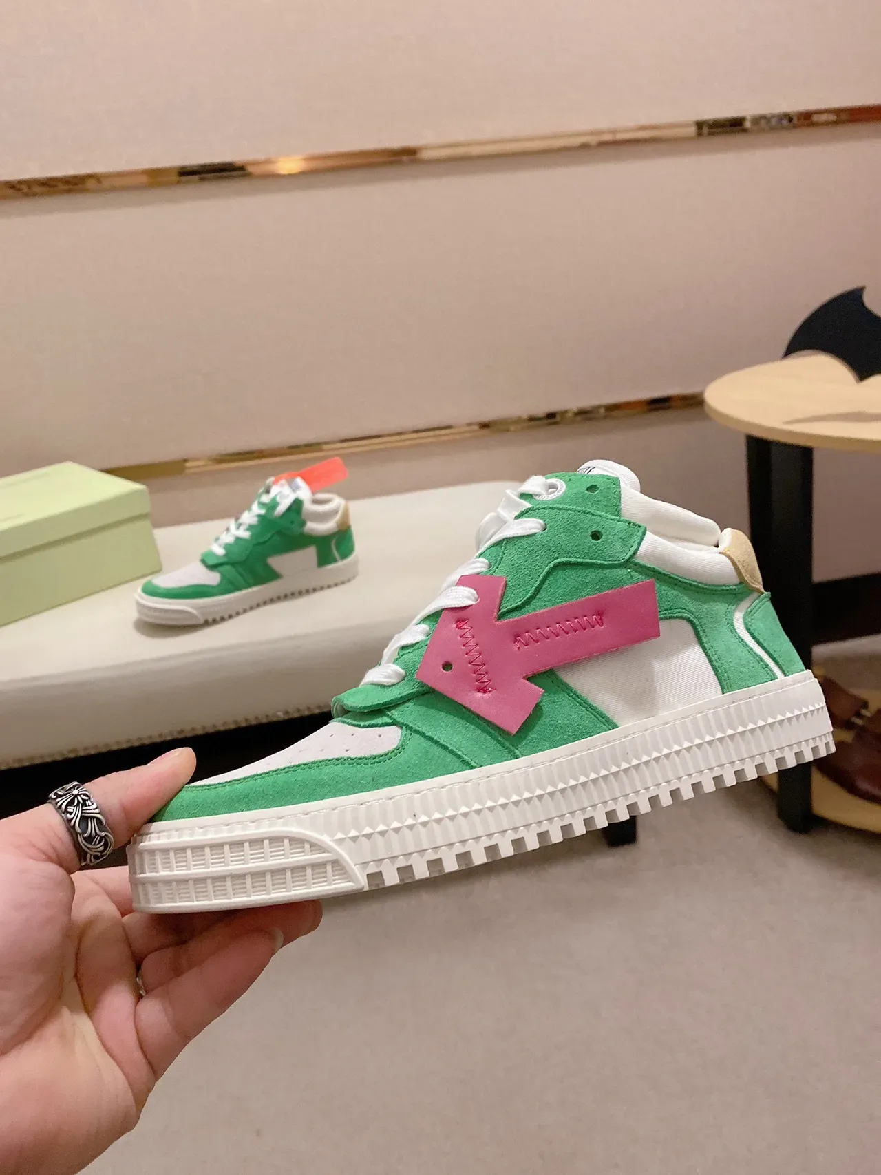 Green Pink Suede And White Perforated Upper Bold Strap Overlay Sneakers 7