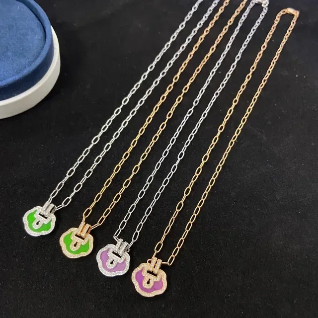 Green Purple Enamel-Filled Cloud-Shaped Pendant Pavé-Set Border Necklace 2