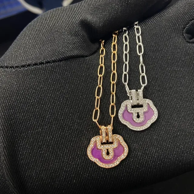 Green Purple Enamel-Filled Cloud-Shaped Pendant Pavé-Set Border Necklace 5