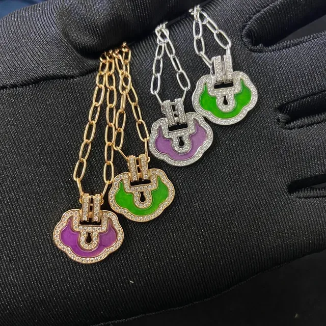 Green Purple Enamel-Filled Cloud-Shaped Pendant Pavé-Set Border Necklace 6