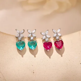 Green Red Heart-Shaped Pendant Floral Diamond Cluster Top Earrings