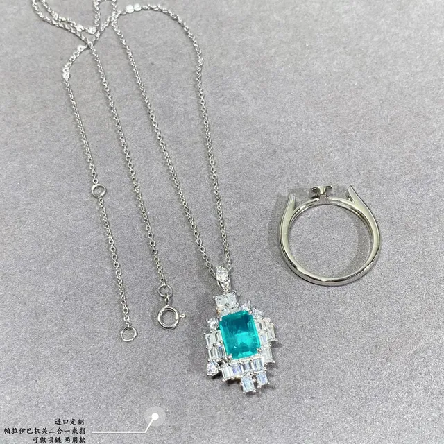 Green Silver Emerald-Cut Center Stone Baguette Halo Surround Necklace 3