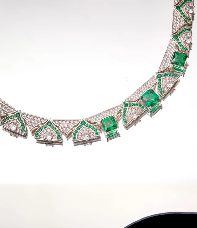 Green Silver Geometric Fan Motif Pavé-Set White Stones Necklace 6
