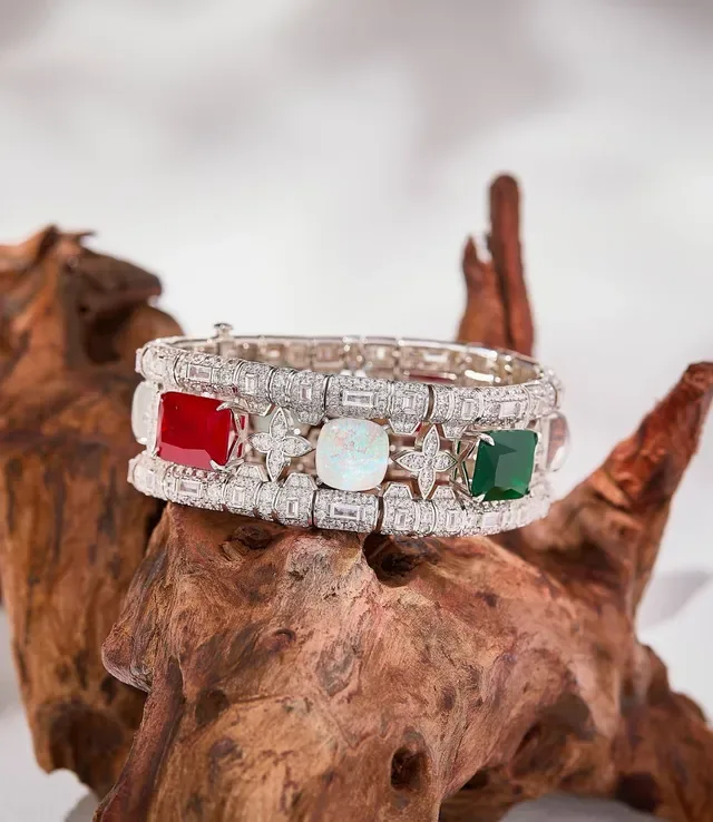 Green Silver Multi-Row Pavé-Set Diamonds Bracelet 7