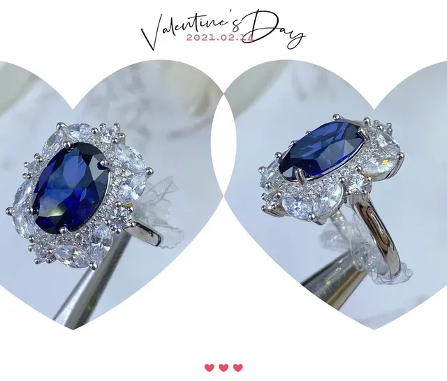Halo-Set Oval Blue and Emerald-Cut Green Gemstone Rings 3