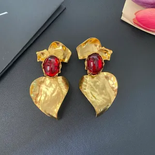 Hammered Gold-Tone Red Cabochon Heart Earrings