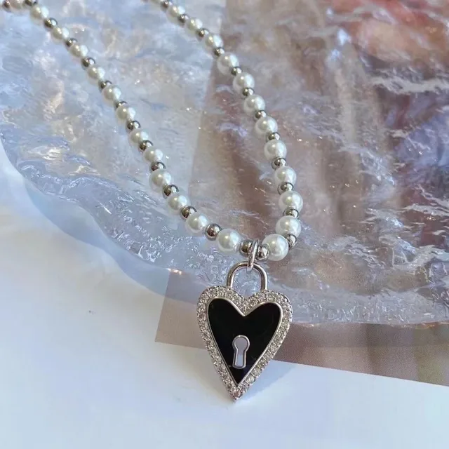 HEFANG Blue Silver Pearl Strand Heart-Shaped Pendant Necklace 4