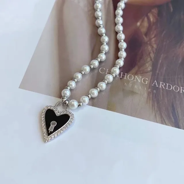 HEFANG Blue Silver Pearl Strand Heart-Shaped Pendant Necklace 5