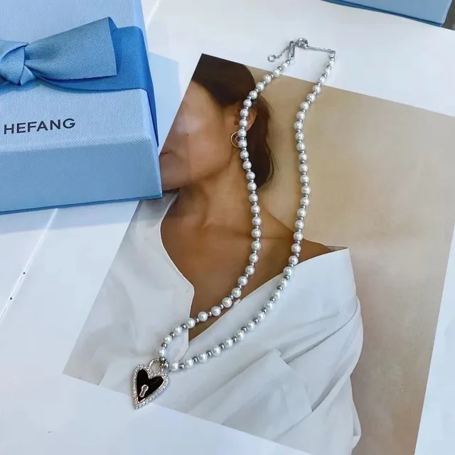 HEFANG Blue Silver Pearl Strand Heart-Shaped Pendant Necklace 6