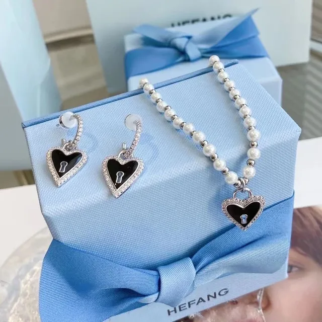 HEFANG Blue Silver Pearl Strand Heart-Shaped Pendant Necklace 9