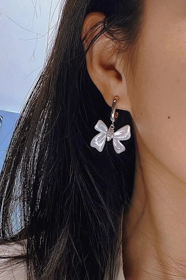 HEFANG Bow Pendant Crystal Accent Silver-Tone Earrings 2