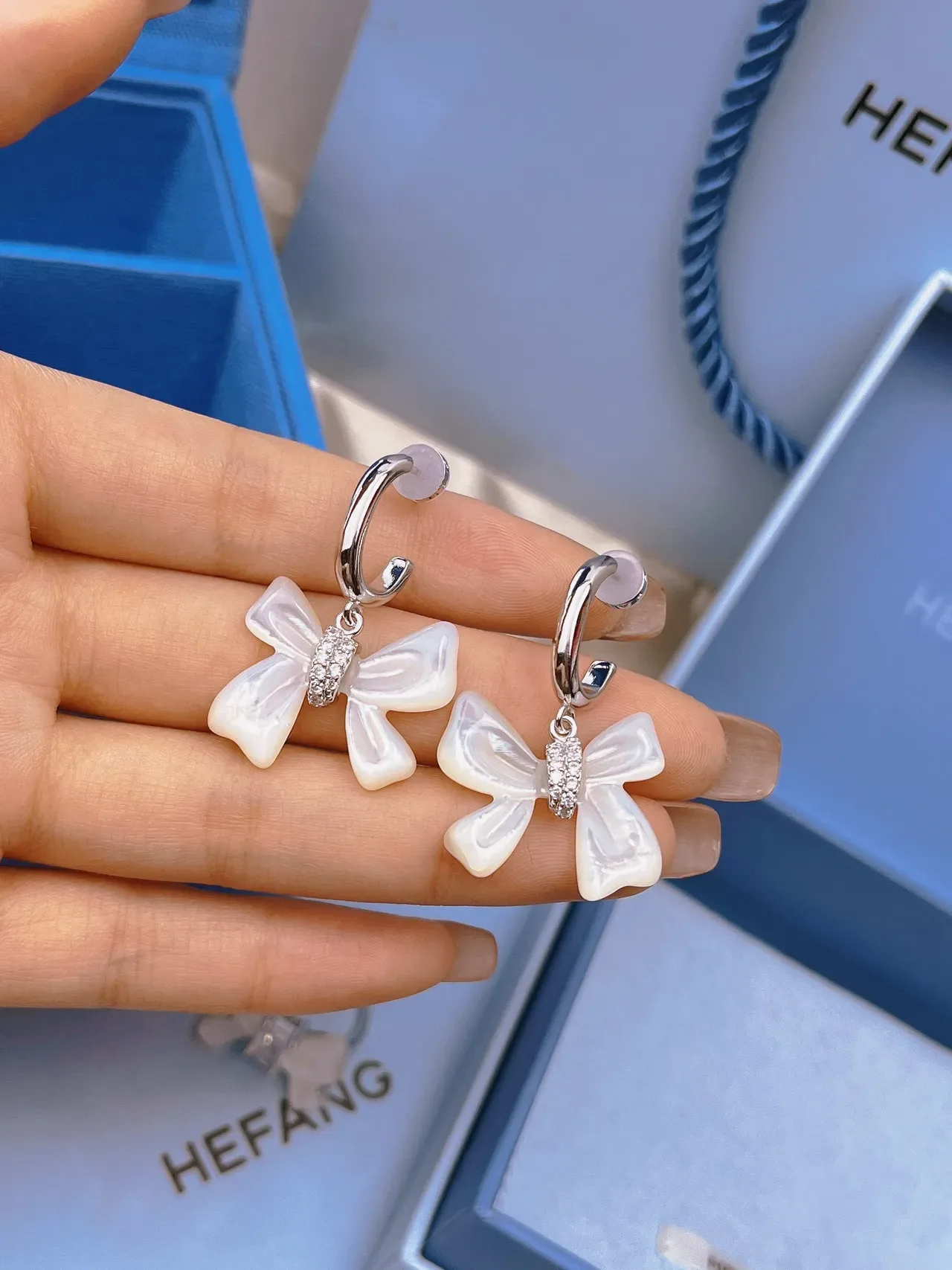 HEFANG Bow Pendant Crystal Accent Silver-Tone Earrings 3