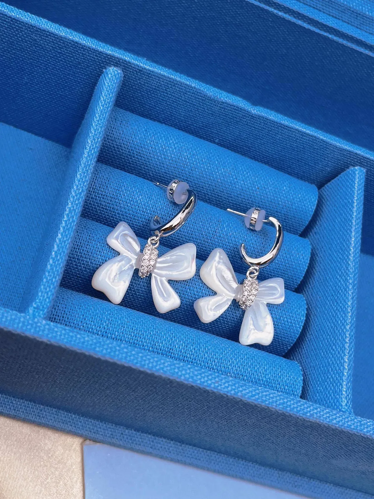 HEFANG Bow Pendant Crystal Accent Silver-Tone Earrings 4