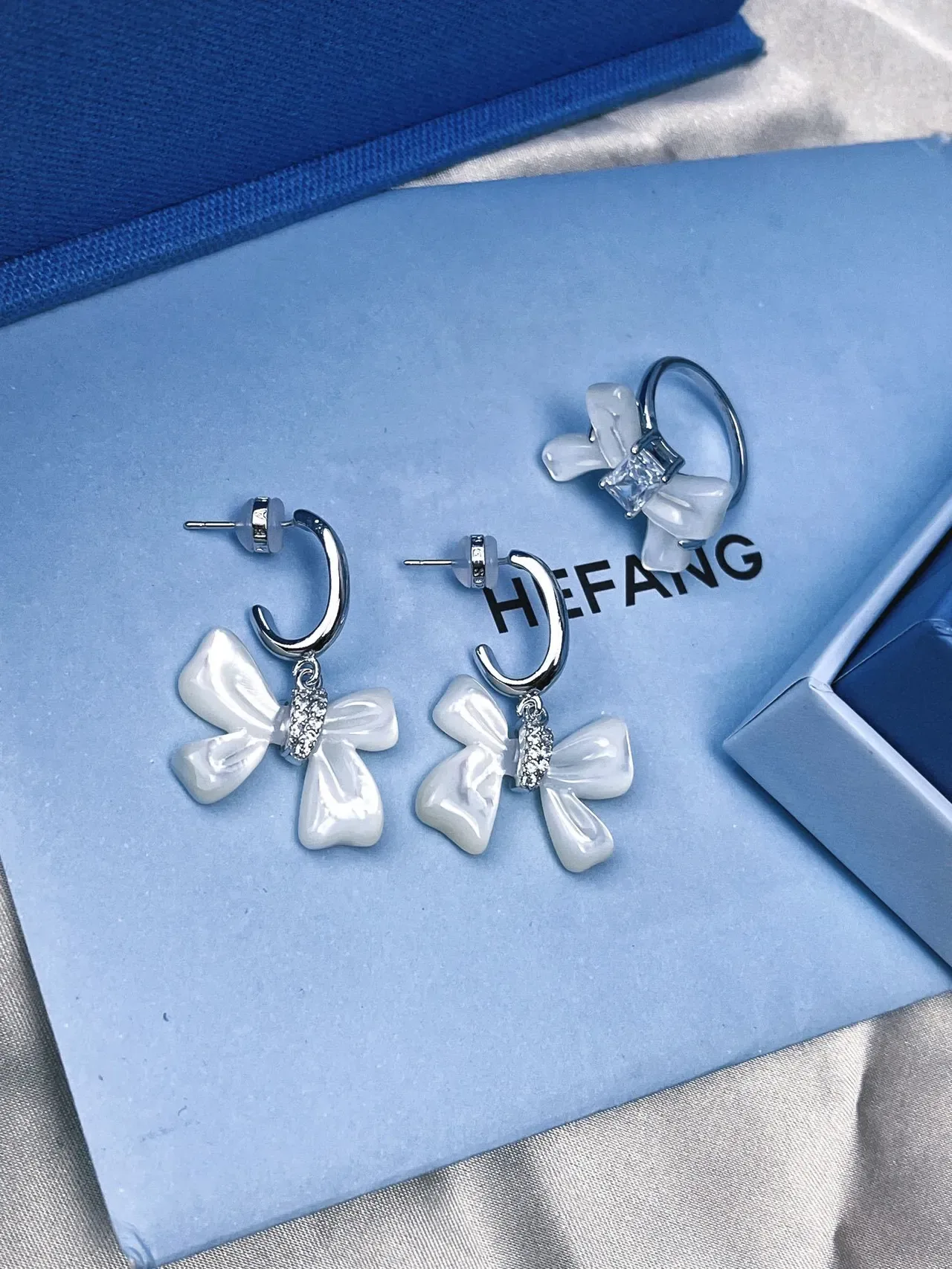 HEFANG Bow Pendant Crystal Accent Silver-Tone Earrings 5