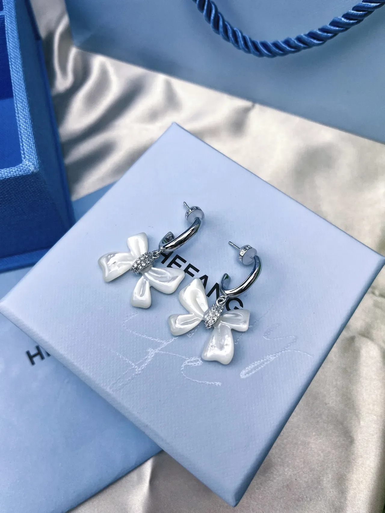 HEFANG Bow Pendant Crystal Accent Silver-Tone Earrings 6