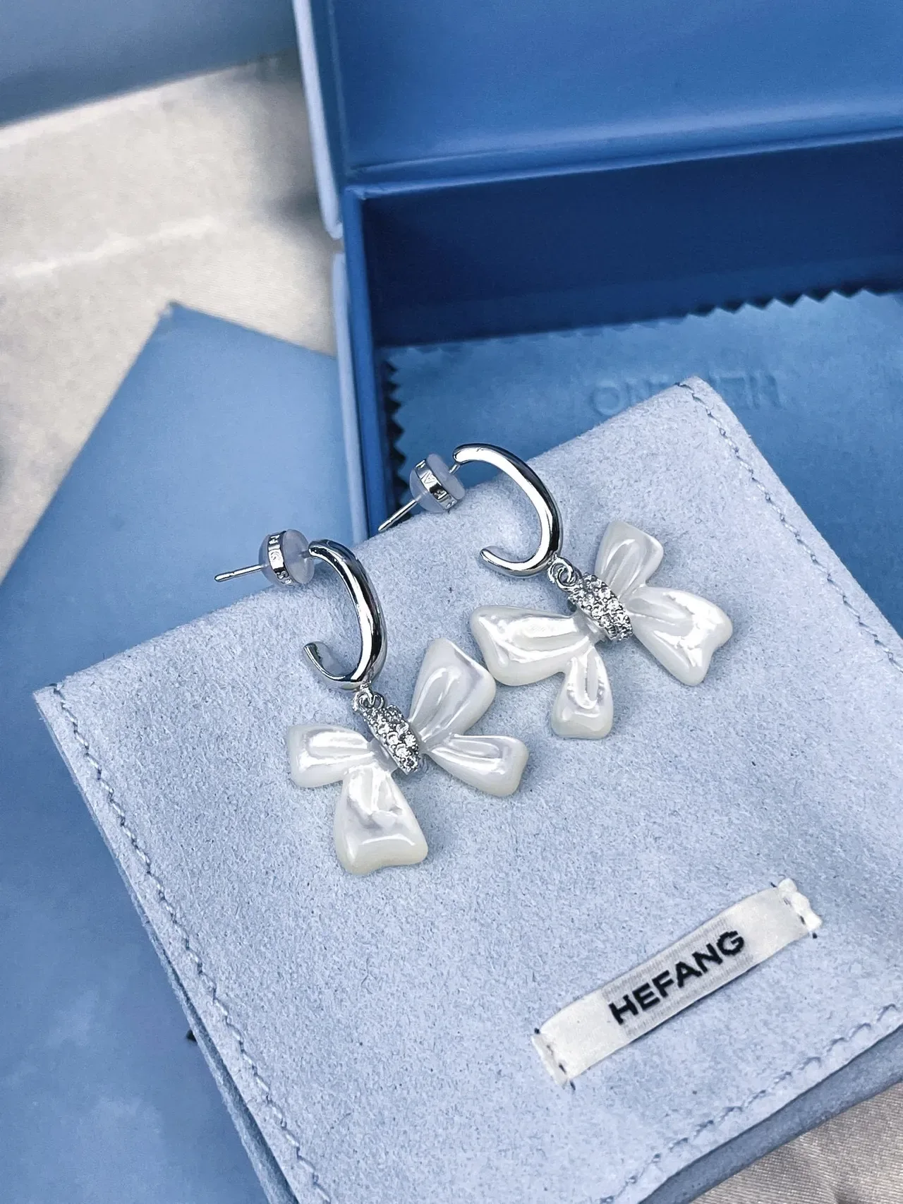 HEFANG Bow Pendant Crystal Accent Silver-Tone Earrings 7