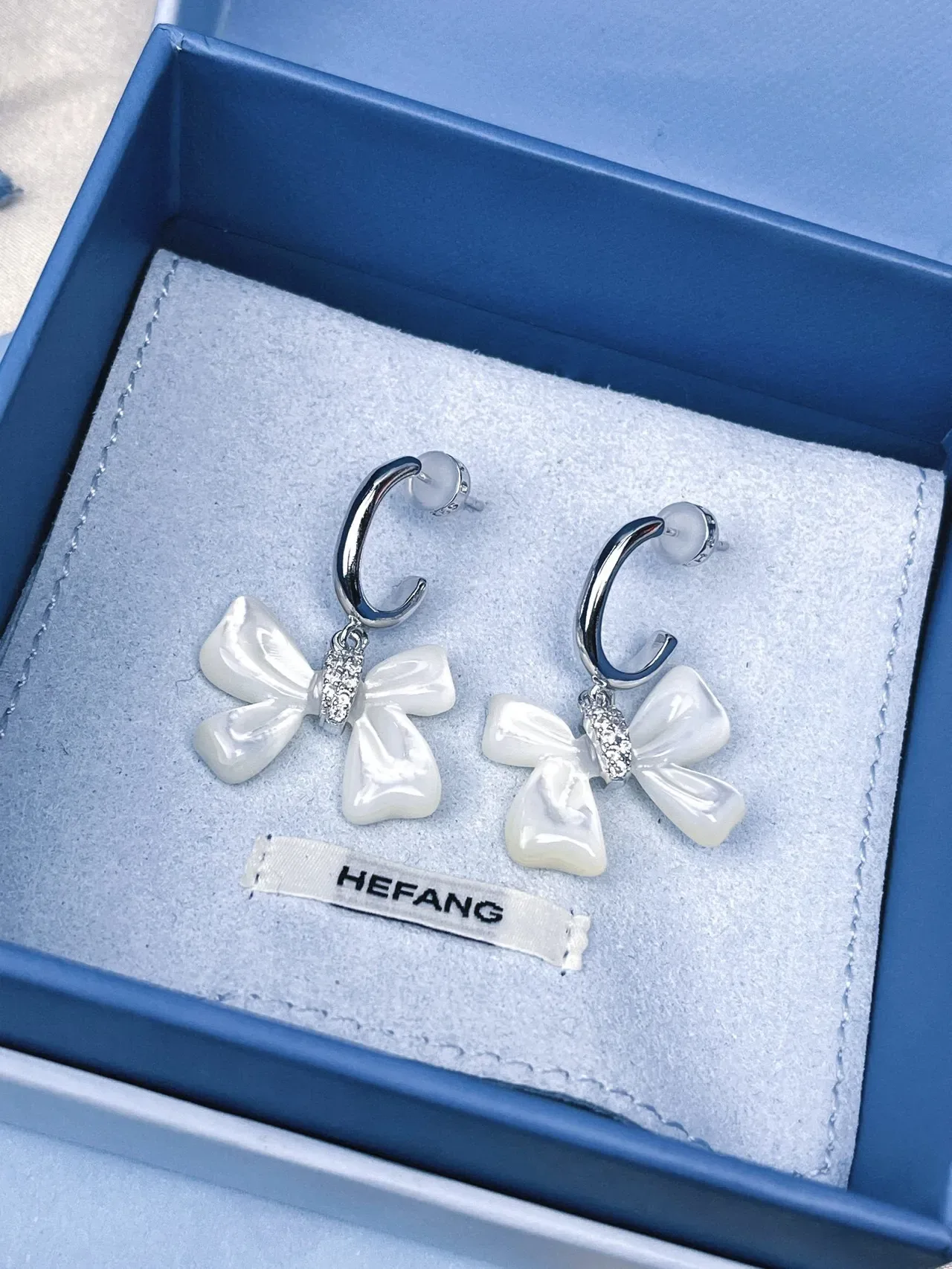 HEFANG Bow Pendant Crystal Accent Silver-Tone Earrings 8