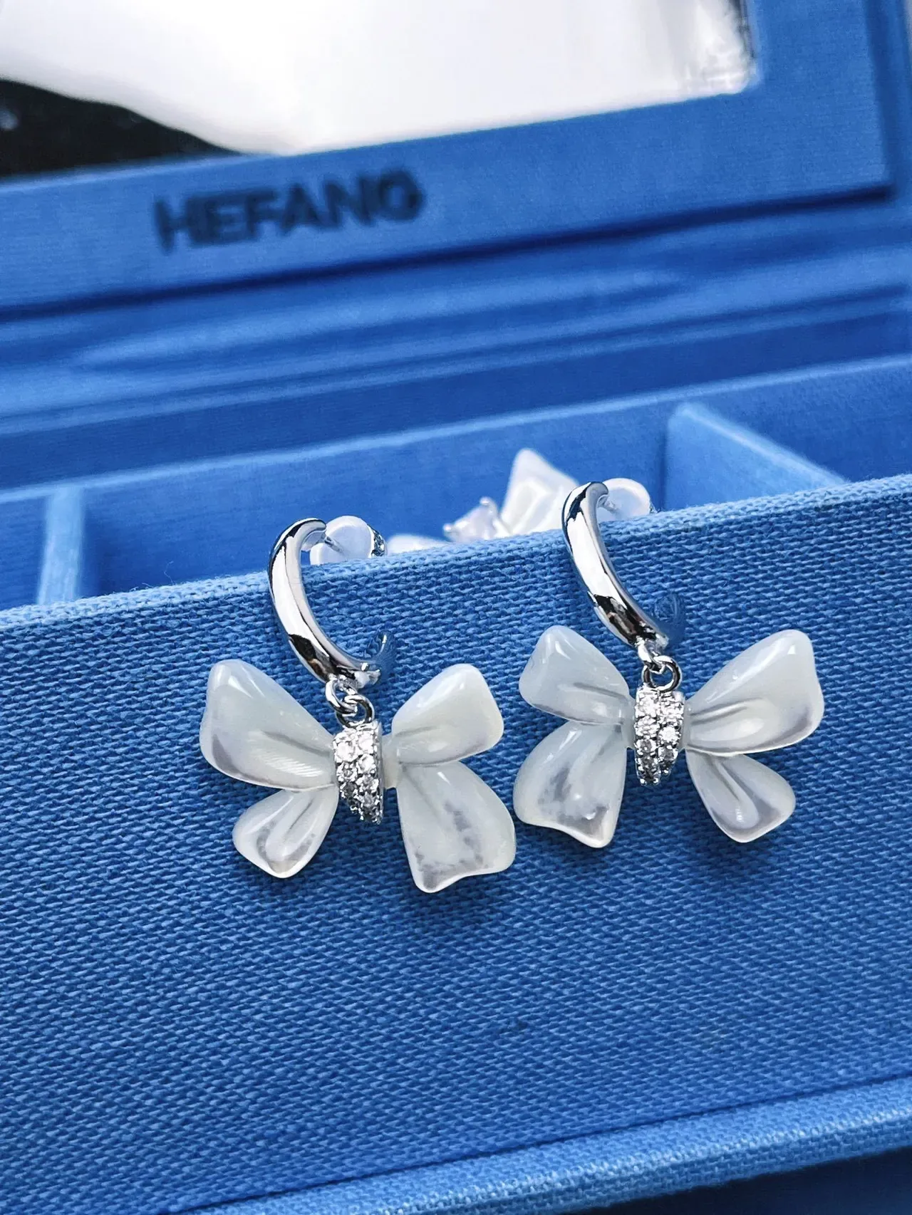 HEFANG Bow Pendant Crystal Accent Silver-Tone Earrings 9