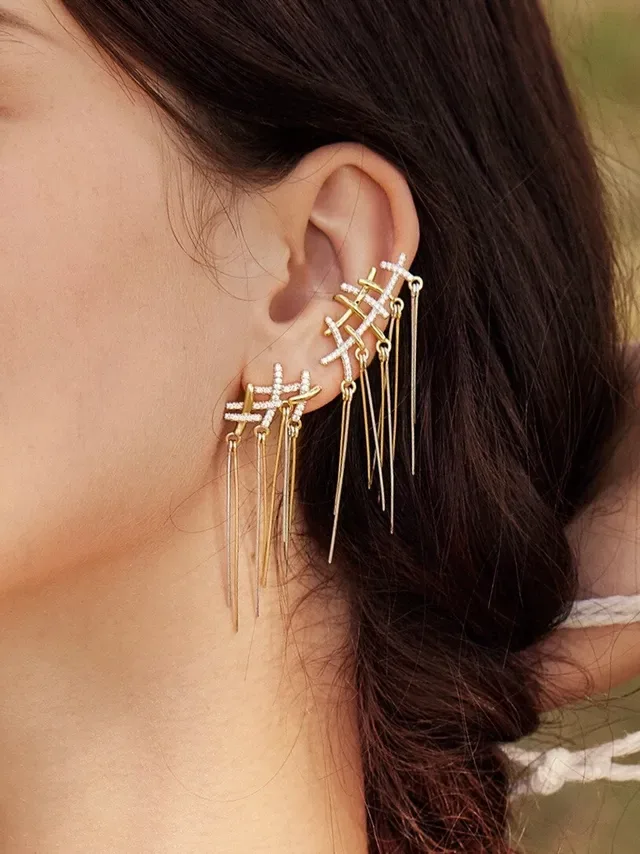 HEFANG Geometric Crystal Fringe Dangle Earrings 4