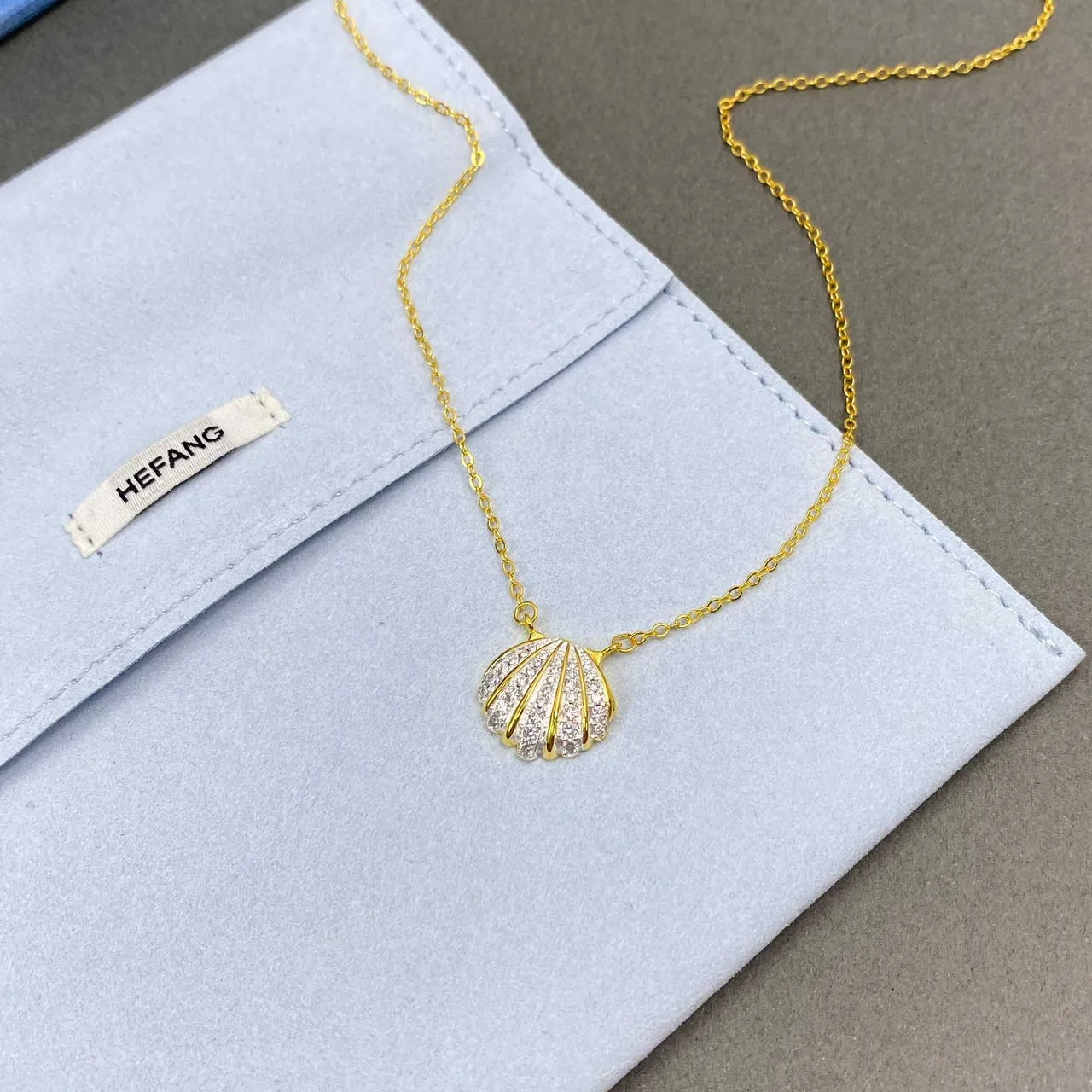 HEFANG Gold Silver Chain Pavé-Set Shell Pendant Necklace 6