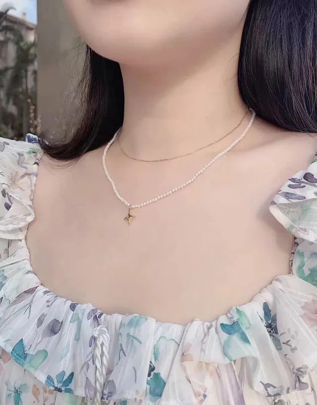 HEFANG Gold-Tone Pearl Star and Heart Charm Layered Necklaces 3
