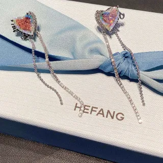 HEFANG Heart Iridescent Stone Pavé Chain Dangling Earrings