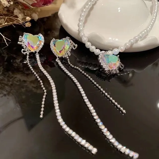 HEFANG Heart Iridescent Stone Pavé Chain Dangling Earrings 2