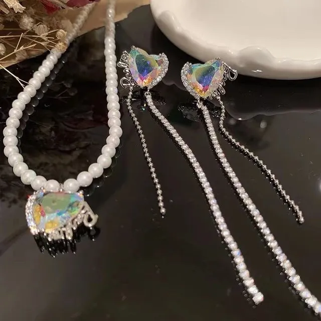 HEFANG Heart Iridescent Stone Pavé Chain Dangling Earrings 3