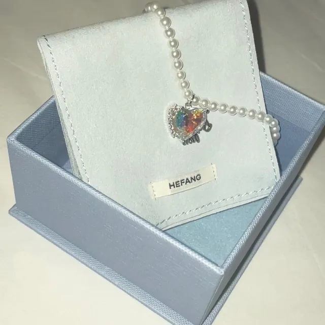 HEFANG Heart Iridescent Stone Pavé Chain Dangling Earrings 4