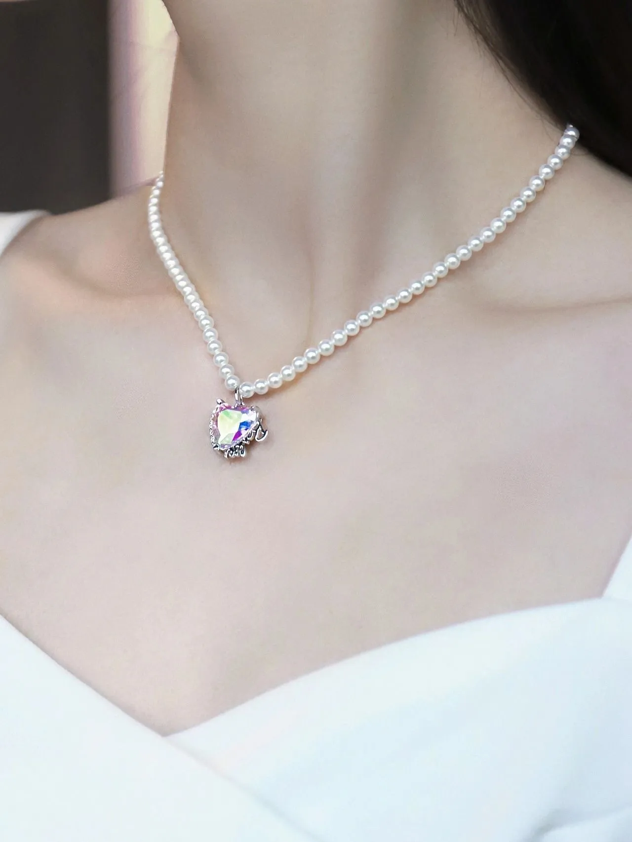 HEFANG Heart Iridescent Stone Pavé Chain Dangling Earrings 5