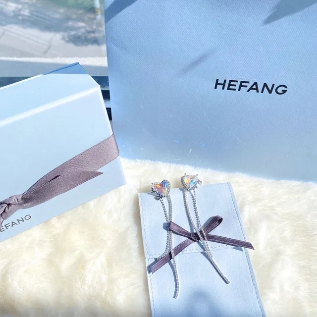 HEFANG Heart Iridescent Stone Pavé Chain Dangling Earrings 9