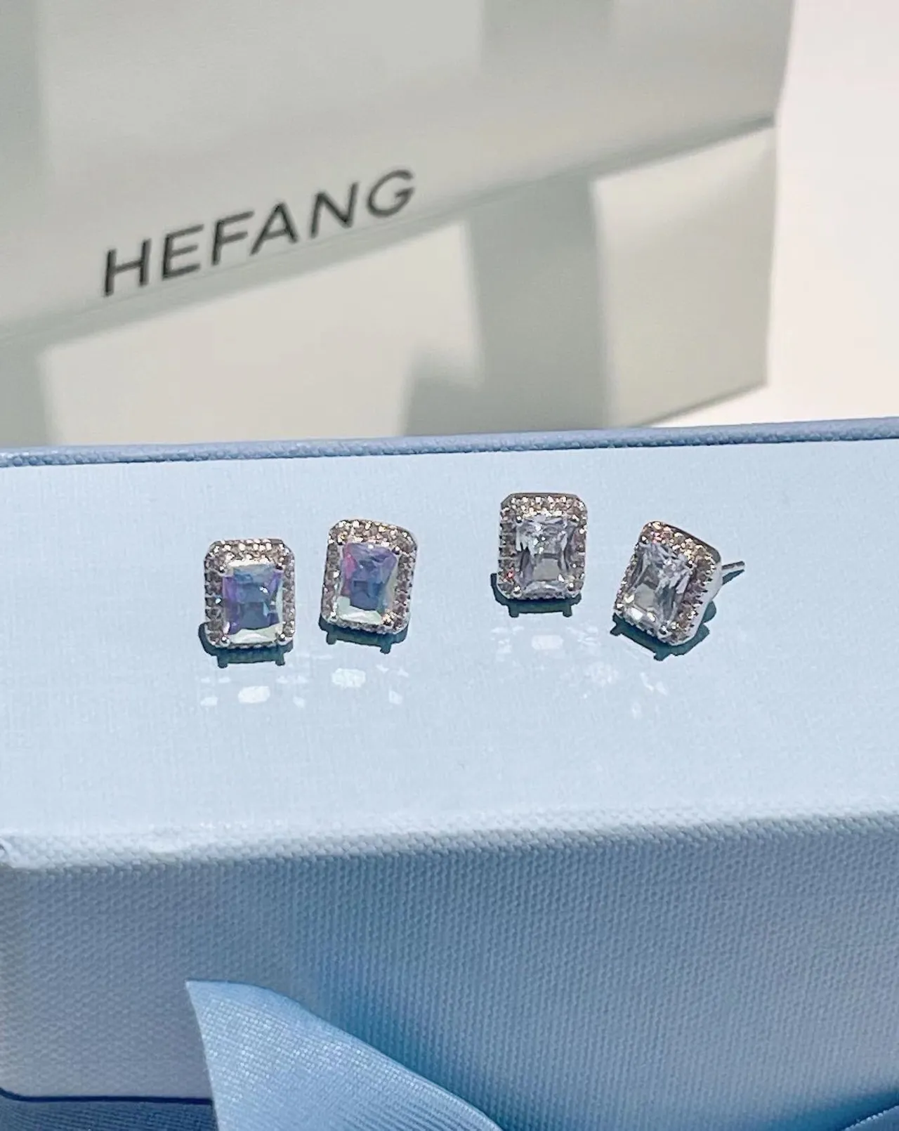 HEFANG Rectangular Cut Pavé Halo Stud Earrings 4