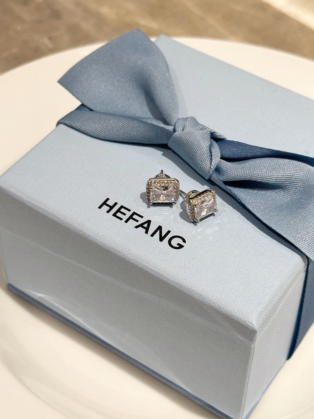 HEFANG Rectangular Cut Pavé Halo Stud Earrings 6