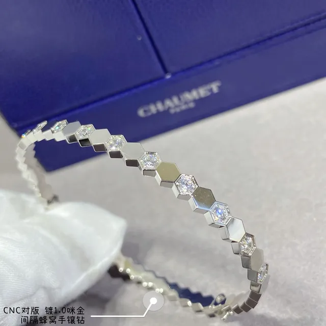 Hexagonal-Link Pavé-Set Stone Rigid Bangle Bracelets 6