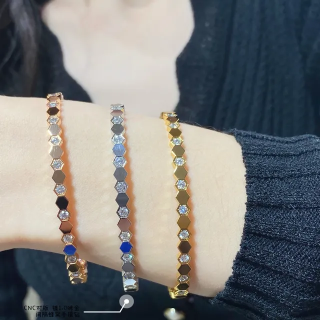 Hexagonal-Link Pavé-Set Stone Rigid Bangle Bracelets 8
