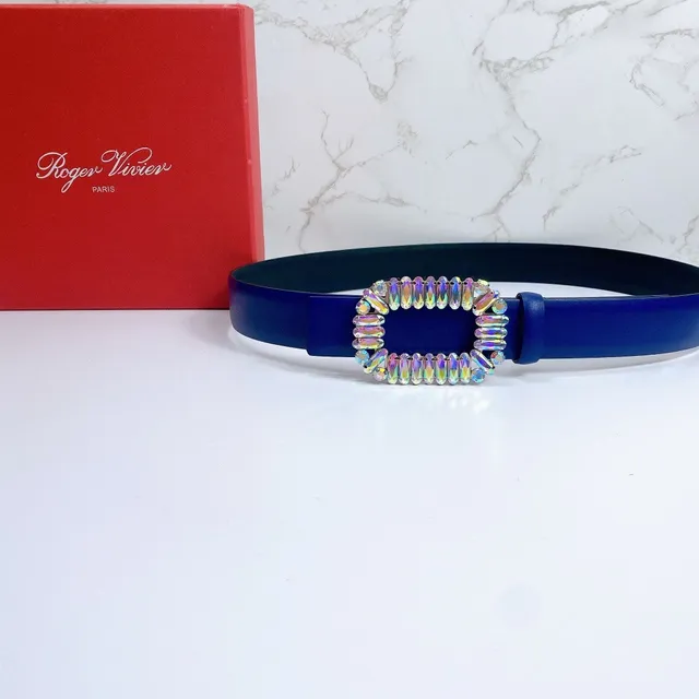 Iridescent Crystal Buckle Blue Leather Belt 2