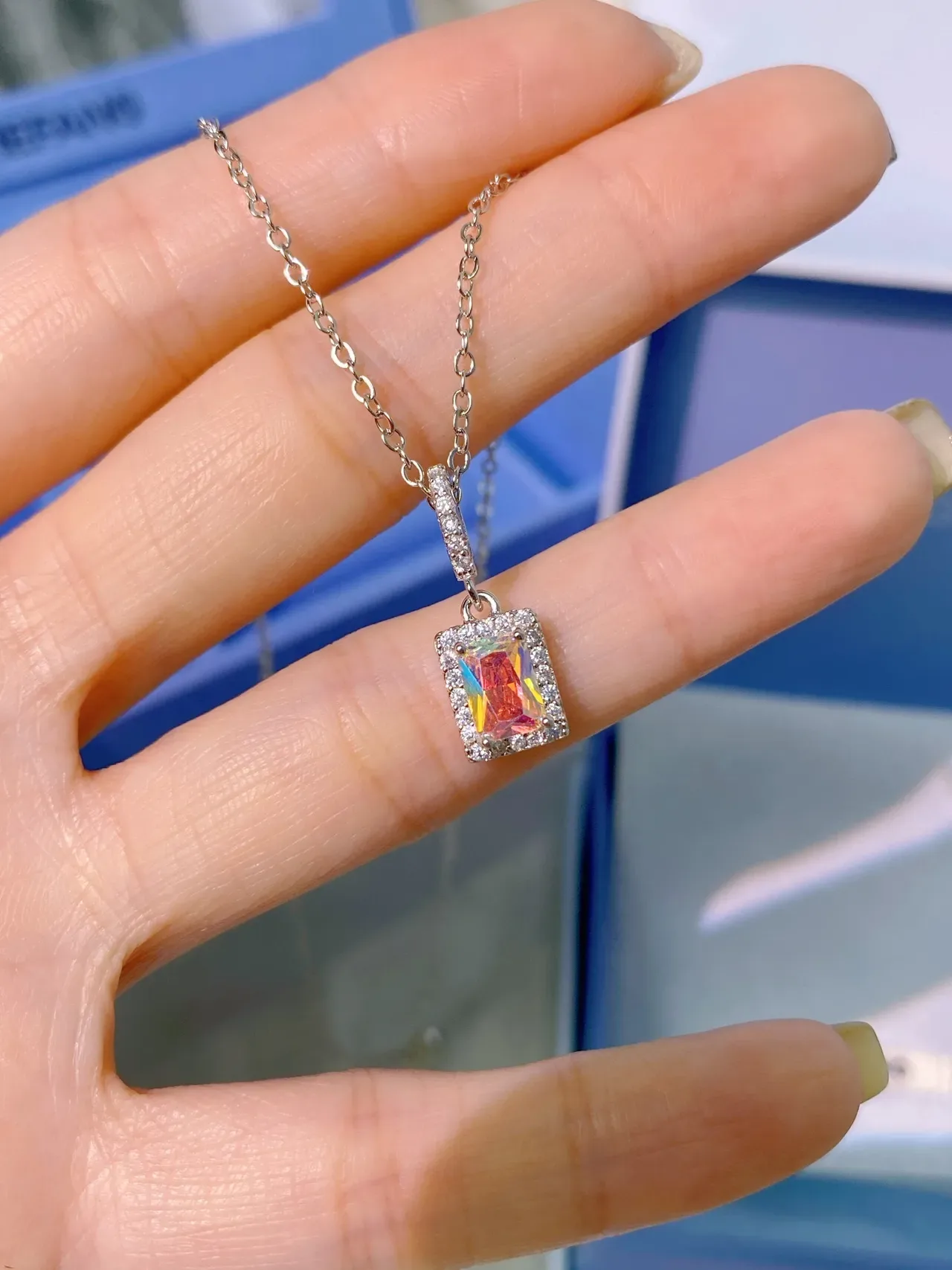 Iridescent Rectangular Halo Pendant Necklace 1